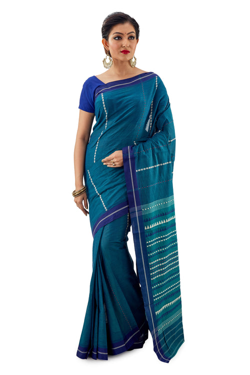 Peacock Blue Begumpuri Handloom Designer Saree Cobalt Border - Saree