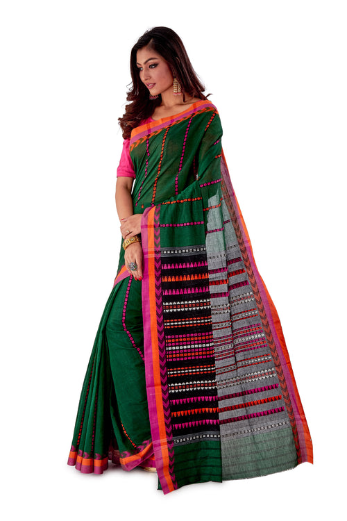 Green-base-with-orange-and-pink-Border-Designer-Begumpuri-Saree-SNHB1704-3