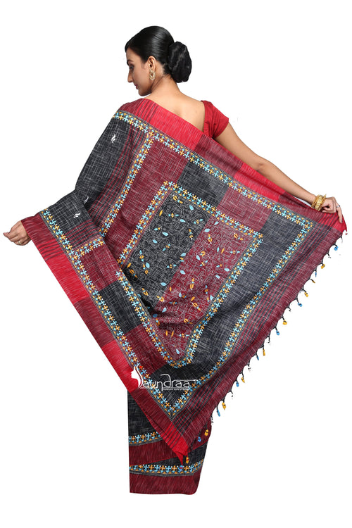 Black & Red- Handloom Soft Cotton Khesh - Jam Kantha - Saree