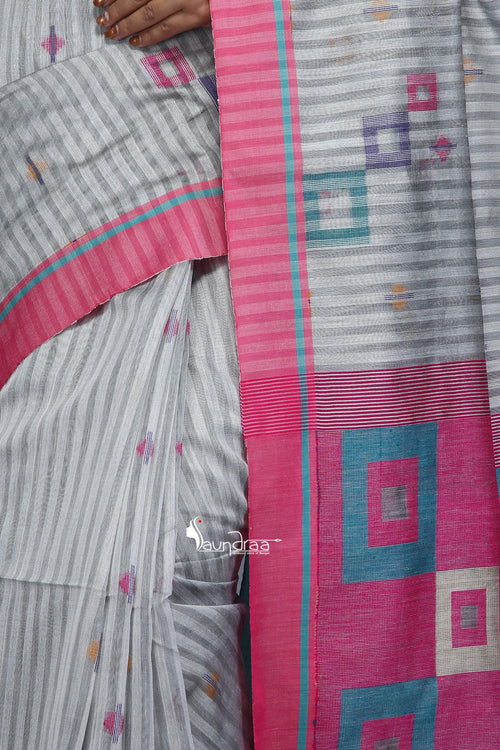 Grey Handloom Mixed Cotton Box Design Saree - Saree