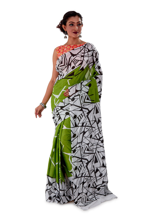 Parrot-Green-base-block-printed-mulmul-designer-saree-SNML1005-2