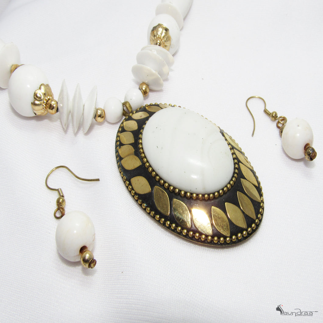 White Beads Work - Earrings And Necklace Set - Jewellery