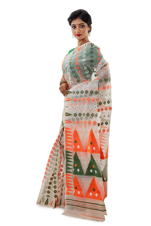 White Dhakai Jamdani With Multi-Colour Design - Saree