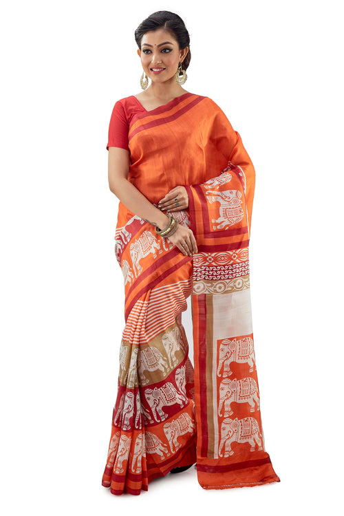 Orange Murshidabad Pure Silk Saree - Saree
