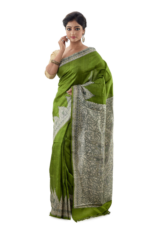 Parrot Green Murshidabad Pure Silk Saree - Saree