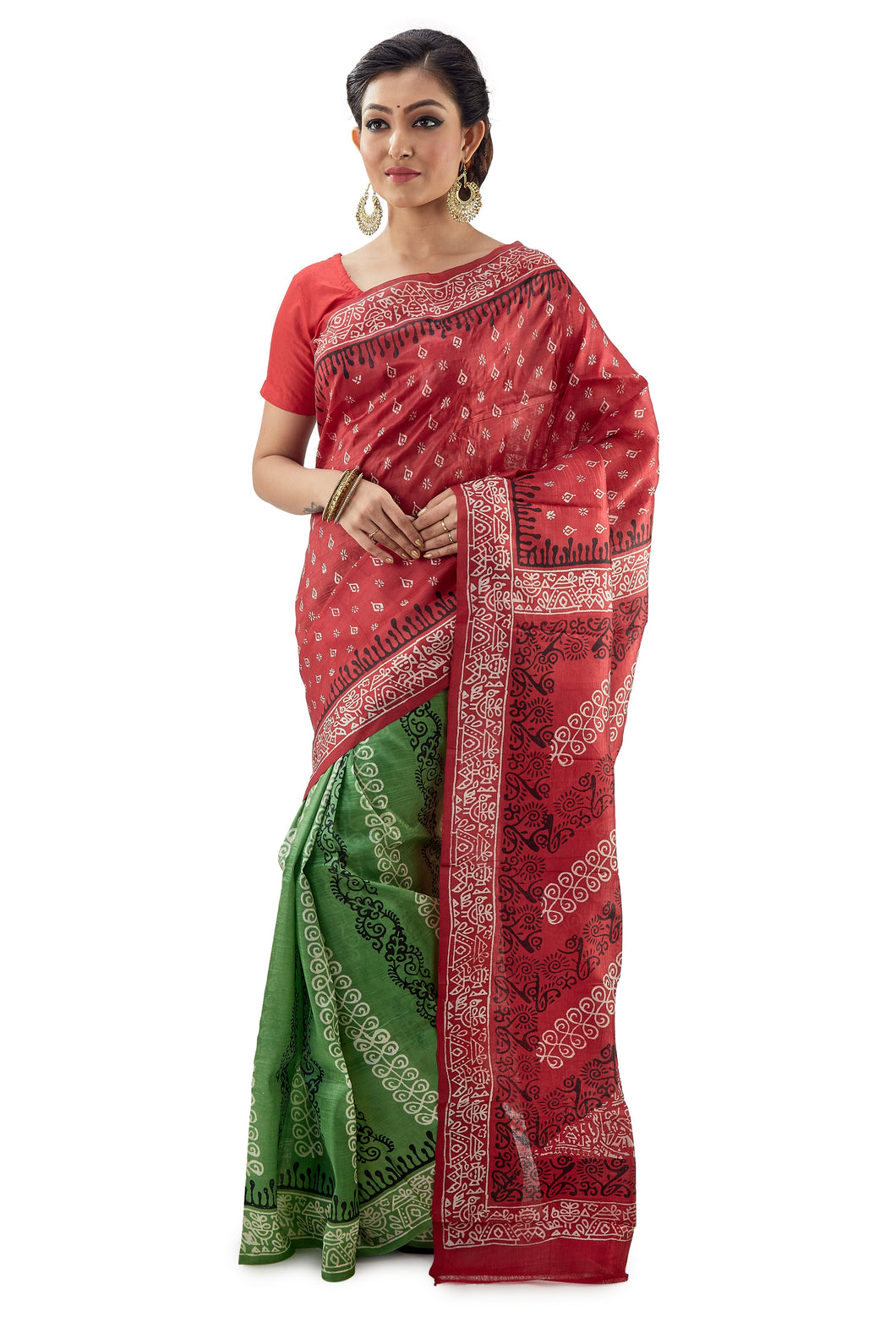 Red - Green Murshidabad Block Printed Pure Silk Saree - Saree