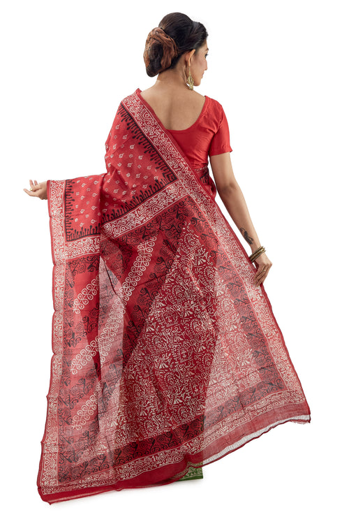 Red - Green Murshidabad Block Printed Pure Silk Saree - Saree
