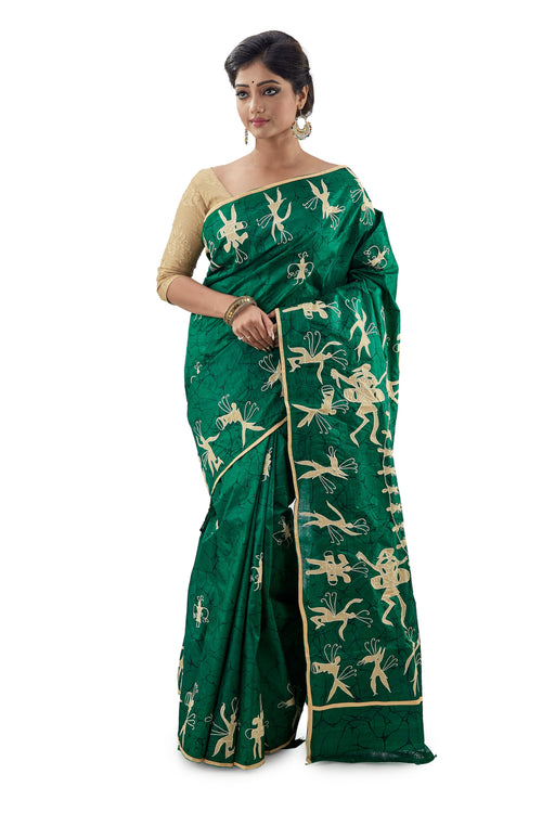 Green Applique Work Murshidabadi Pure Silk - Saree