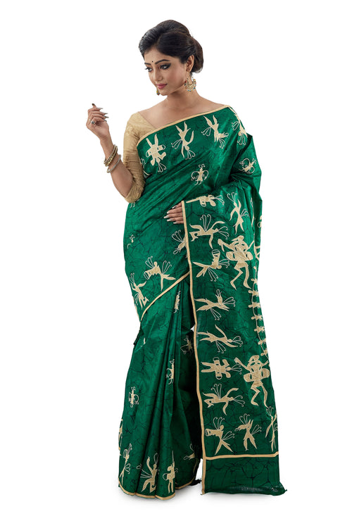 Green Applique Work Murshidabadi Pure Silk - Saree