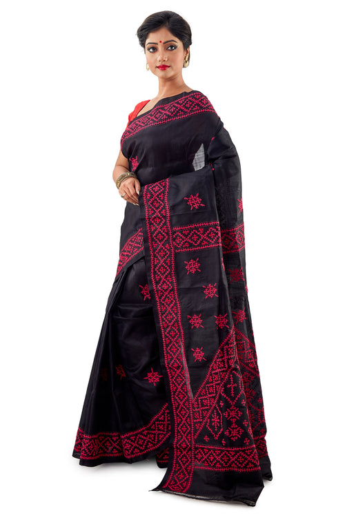 Black Murshidabadi Pure Silk With Gujrati Work - Saree
