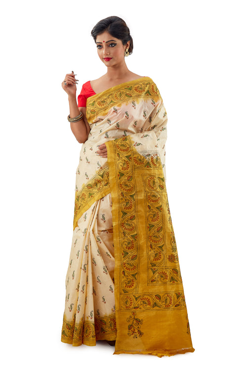 Off-White & Lemon Yellow Murshidabadi Pure Silk With Kantha Work - Saree