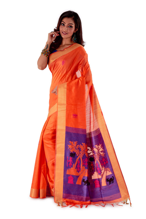 Orange-base-with-purple-anchal-resham-suti-saree-SNCS1124-3