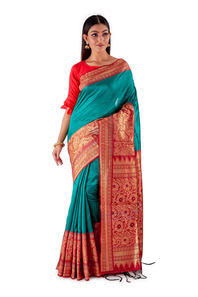 Green-base-with-Red-aanchal-and-Golden-zari-all-body-zari-work-saree-SNCS1125-1
