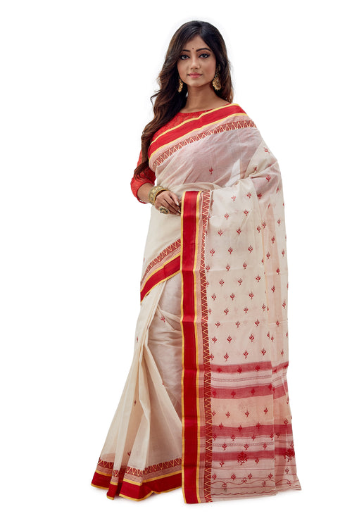 White & Red Dhaniakhali Traditional Tant Saree - Saree