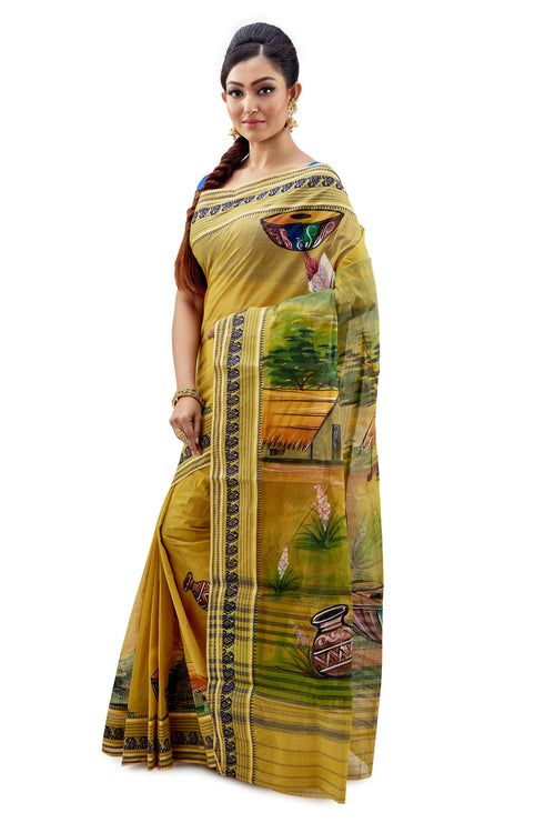 Golden Yellow With Fabric Work On Dhaniakhali Tant Saree - Saree