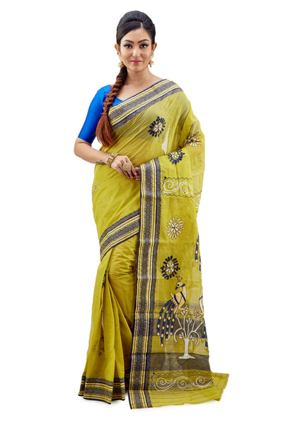 Lime Green Dhaniakhali Tant Saree With Gorgeous Thread Work - Saree