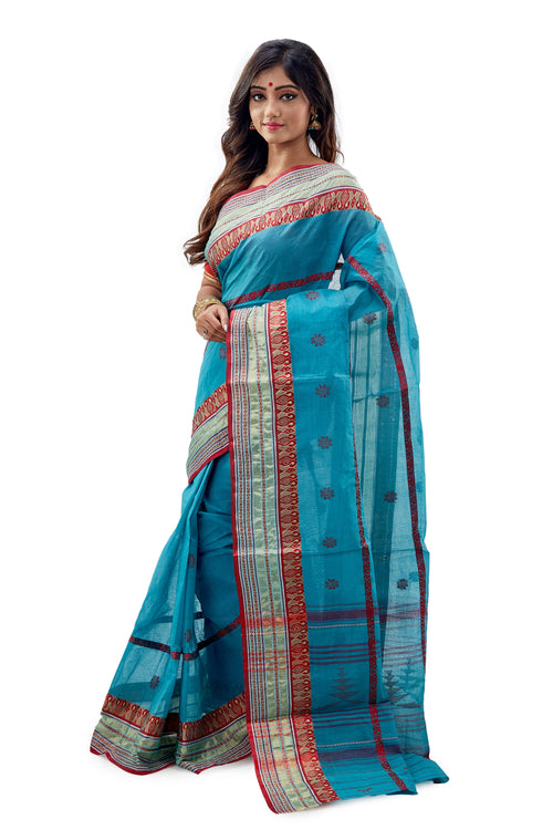 Bright Blue Dhaniakhali Traditional Tant Saree - Saree