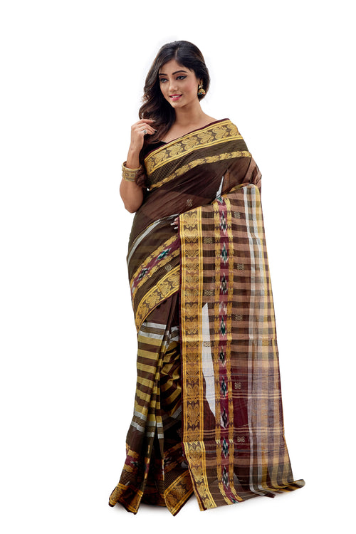 Blackish Brown Traditional Dhaniakhali Tant Saree - Saree