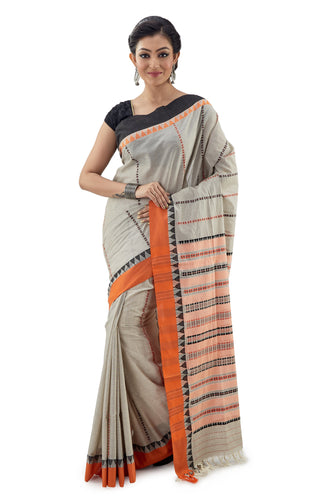 Light Greyish Begumpuri Handloom Designer Saree With Orange-Black Ganga-Jamuna Border - Saree