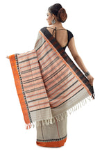Light Greyish Begumpuri Handloom Designer Saree With Orange-Black Ganga-Jamuna Border - Saree