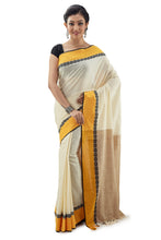 Cream Begumpuri Handloom Designer Saree With Black Piping And Thick Yellow Border - Saree