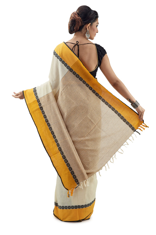 Cream Begumpuri Handloom Designer Saree With Black Piping And Thick Yellow Border - Saree