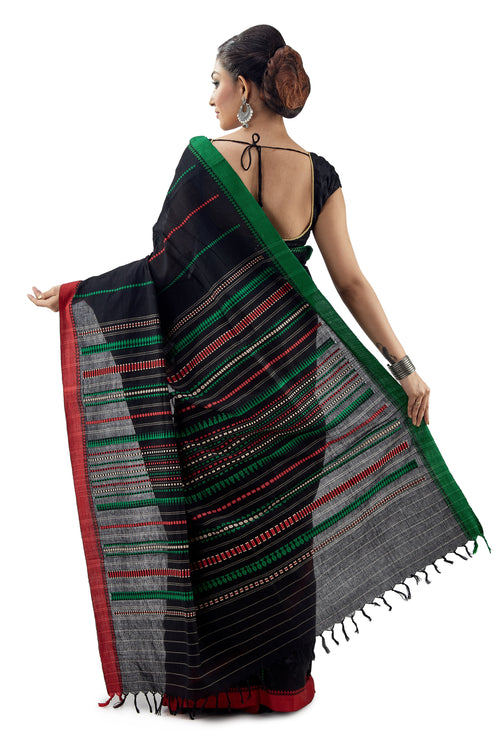 Black Begumpuri Handloom Designer Saree Green-Red Ganga-Jamuna Border - Saree