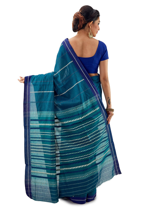 Peacock Blue Begumpuri Handloom Designer Saree Cobalt Border - Saree