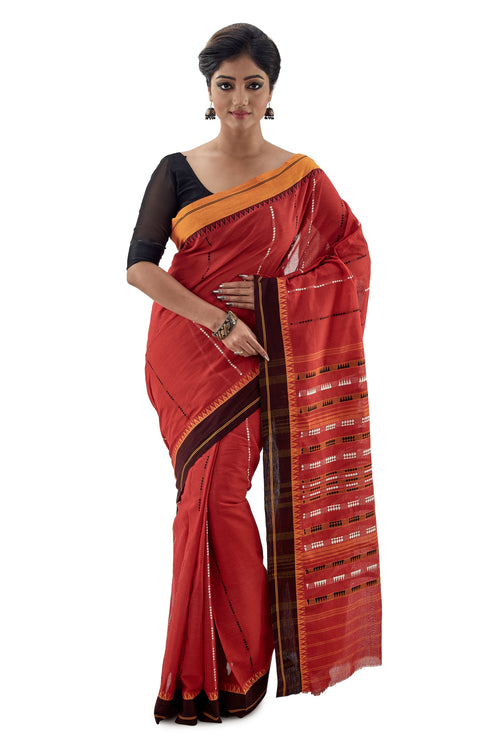 Red Begumpuri Handloom Designer Saree With Orange And Black Ganga-Jamuna Border - Saree