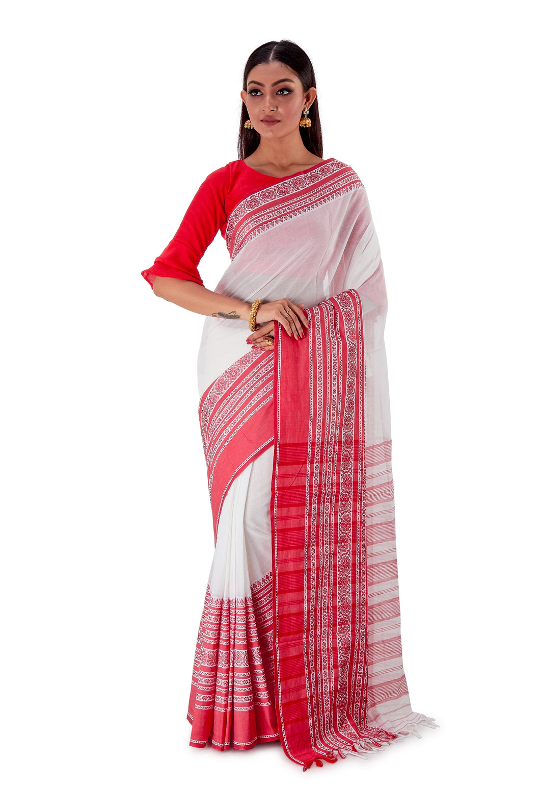 White-base-with-Thick-multicoloured-Border-Designer-Begumpuri-Saree-SNHB1703-1