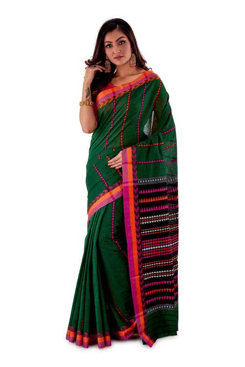 Green-base-with-orange-and-pink-Border-Designer-Begumpuri-Saree-SNHB1704-2