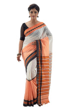 Off-White Begumpuri Handloom Designer Saree With Contrasting Orange And Black Border - Saree