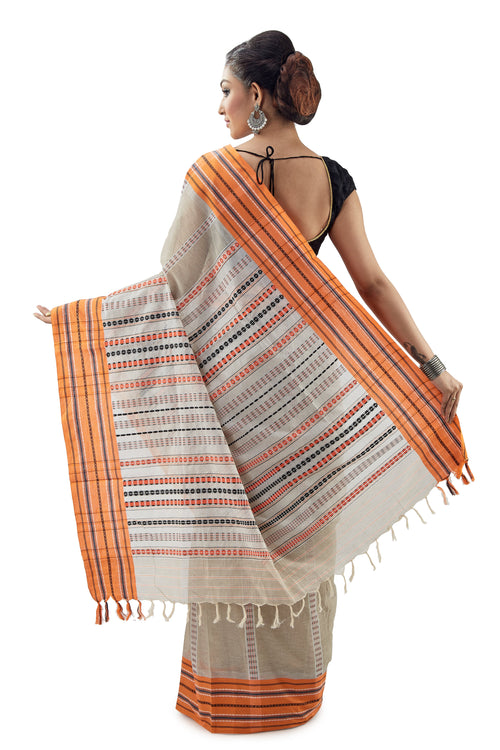 Oyster Begumpuri Handloom Designer Saree With Orange-Black Stripped Border - Saree