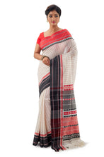 White Begumpuri Handloom Designer Saree With Red-Black Ganga-Jamuna Border - Saree