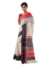 White Begumpuri Handloom Designer Saree With Red-Black Ganga-Jamuna Border - Saree