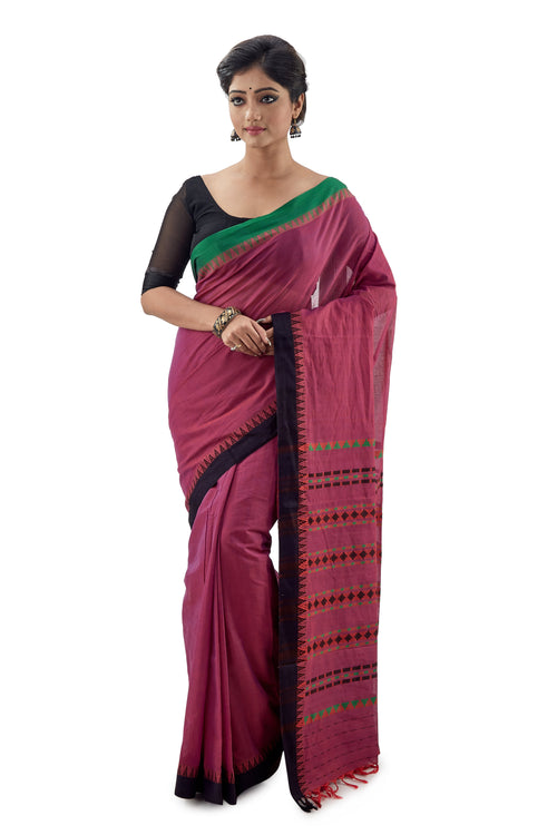 Grape Coloured Begumpuri Handloom Designer Saree With Green-Black Ganga-Jamuna Border - Saree