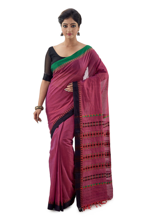 Grape Coloured Begumpuri Handloom Designer Saree With Green-Black Ganga-Jamuna Border - Saree