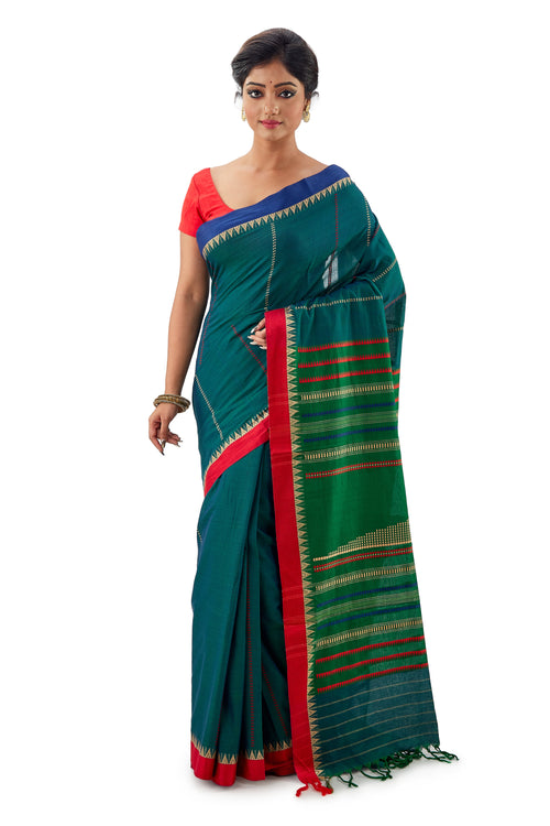 Green Begumpuri Handloom Designer Saree With Red And Blue Ganga-Jamuna Border - Saree