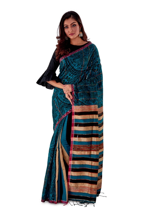 Green-base-Madhubani-Cotton-Designer-Saree-SNHK1302-2