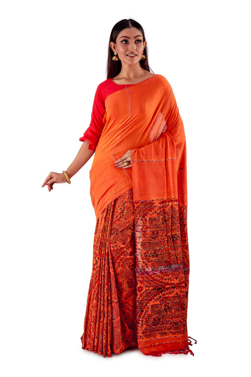Orange-Madhubani-Cotton-Designer-Saree-SNHK1401-2