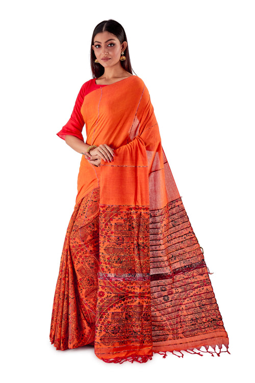 Orange-Madhubani-Cotton-Designer-Saree-SNHK1401-3