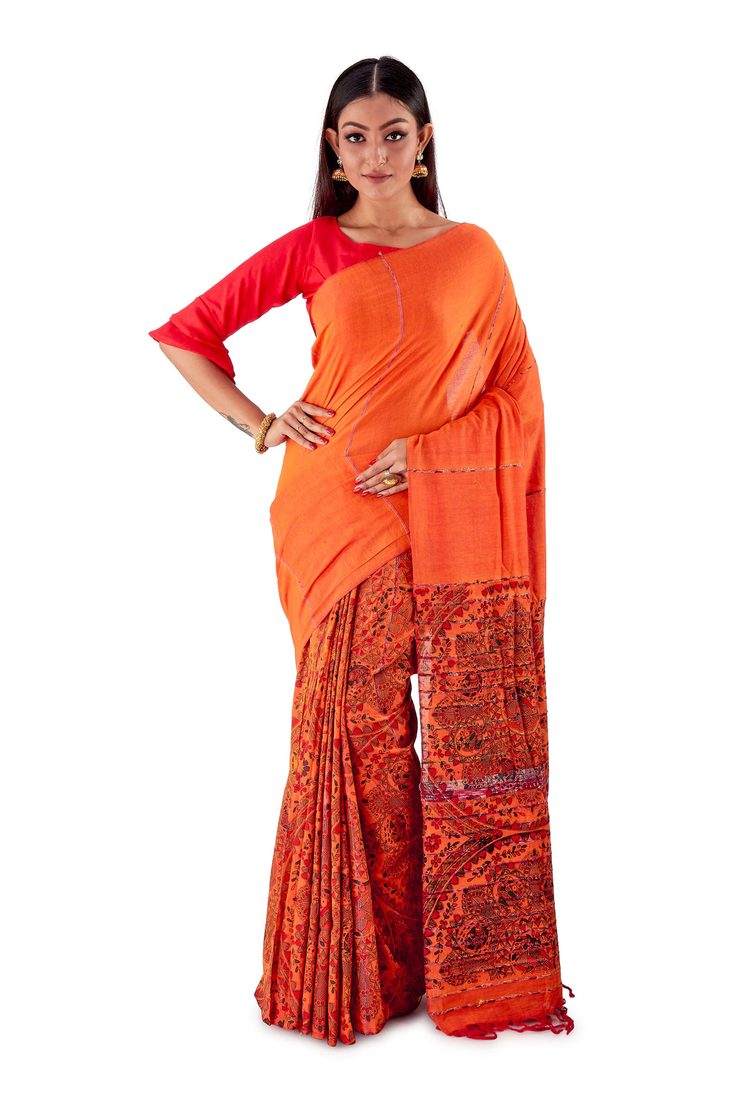 Orange-Madhubani-Cotton-Designer-Saree-SNHK1401-1