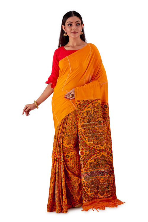 Peachy-Orange-Madhubani-Cotton-Designer-Saree-SNHK1402-2