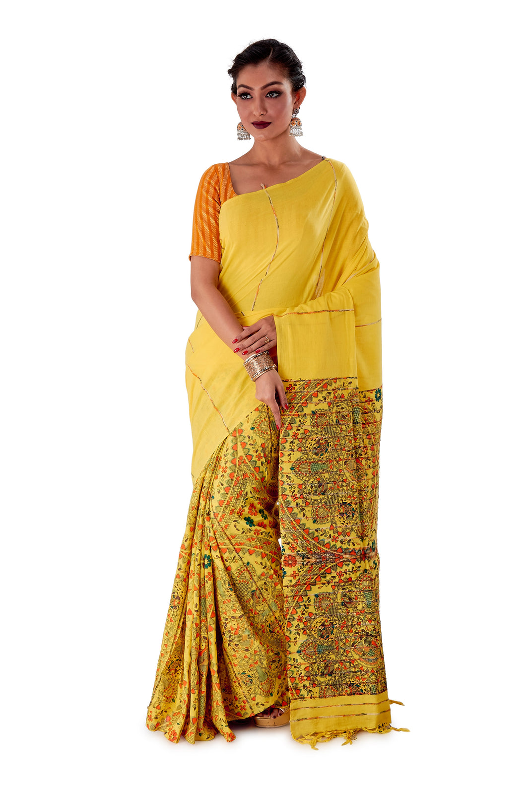 Yellow-Madhubani-Cotton-Designer-Saree-SNHK1403-1
