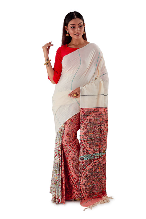 White-&-Red-Madhubani-Cotton-Designer-Saree-SNHK1405-2