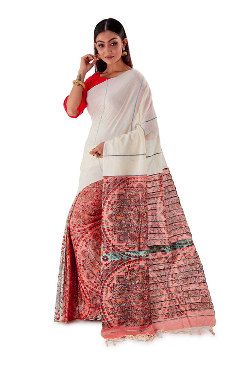 White-&-Red-Madhubani-Cotton-Designer-Saree-SNHK1405-3