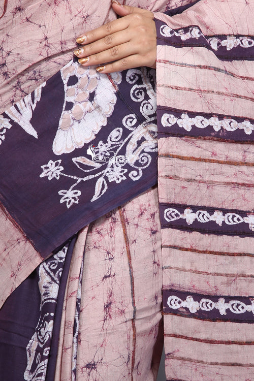 Light Violet Batik Khesh With Floral Work - Saree