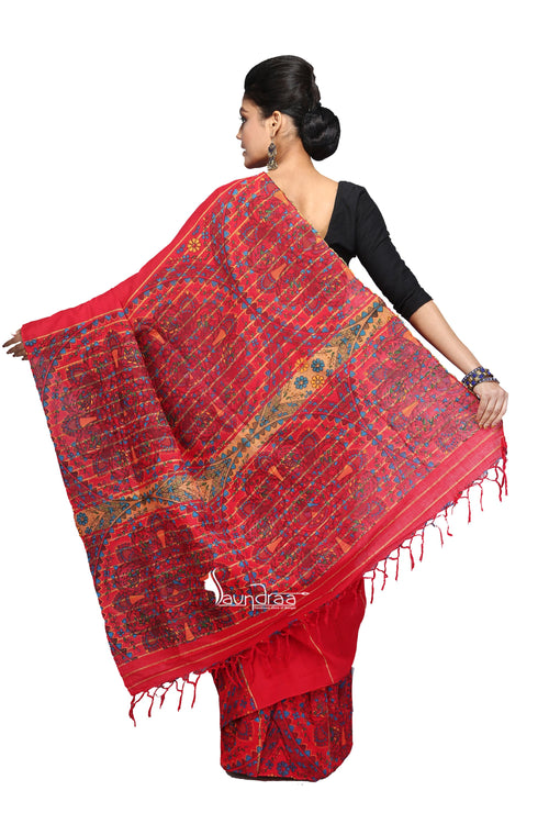 Madhubani Work On Red Cotton Khesh Saree - Saree