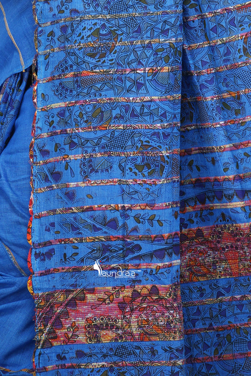 Madhubani Work On Blue Cotton Khesh Saree - Saree