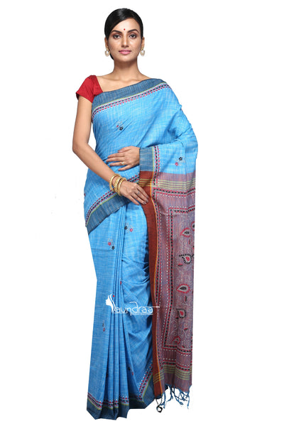 Blue & Violet - Handloom Soft Cotton Khesh - Jam Kantha - Saree